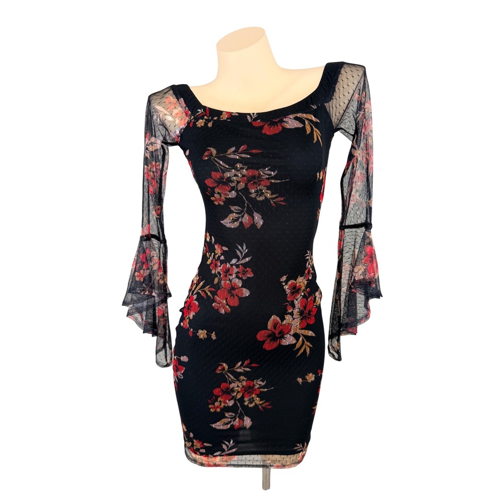 GUESS Whimsigoth Coquette Black Floral Mesh Bell Sleeve Bodycon Mini Dress XS